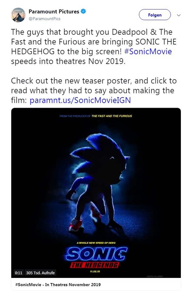 Sonic the Hedgehog - geht 2019 im Kino auf Ringejagd